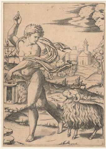 Young man with lantern and ram (Aria) as a sign of zodiac, Marcantonio Raimondi, 1507 - 1511 Canvas Print