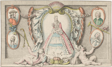 Standing woman, two putti and four medallions, anonymous, 1730 Canvas Print