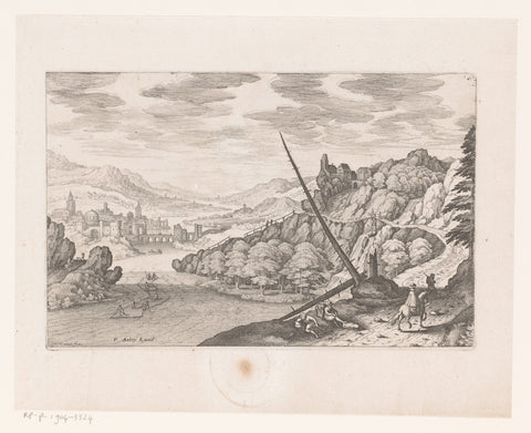 Mountain landscape with river valley with a city and two dead trees in the foreground, Matthäus Merian (I), 1603 - 1650 Canvas Print