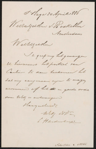 Letter to Johan Philip van der Kellen, Lambertus Hardenberg (1822-1900), 1886 Canvas Print