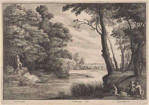 Watery landscape with heron and hunters, Wenceslaus Hollar, 1650 Canvas Print