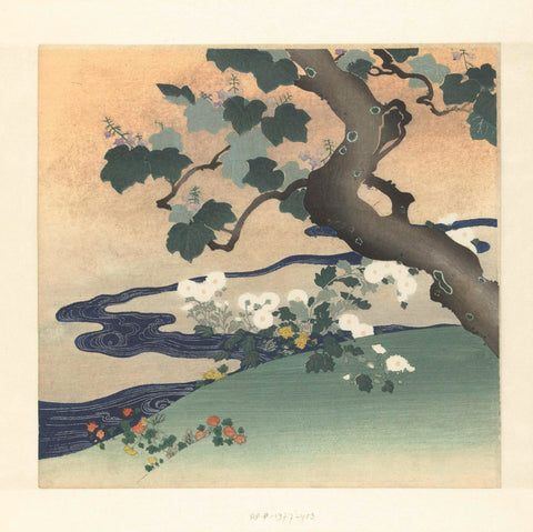 Tree and chrysanthemums, Tsukioka Kôgyo, 1890 - 1900 Canvas Print