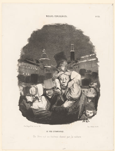 Father makes children look at fireworks on shoulders, Honoré Daumier, 1841 Canvas Print