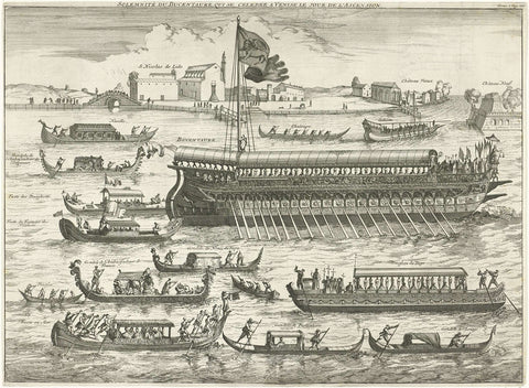 Bucentaurus surrounded by fourteen gondolas, Caspar Luyken, 1695 Canvas Print