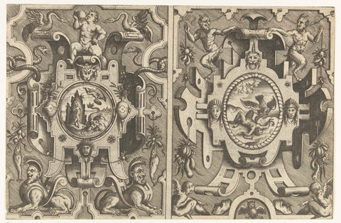 Two cartouches with mythological representations, Pieter van der Heyden, 1566 Canvas Print