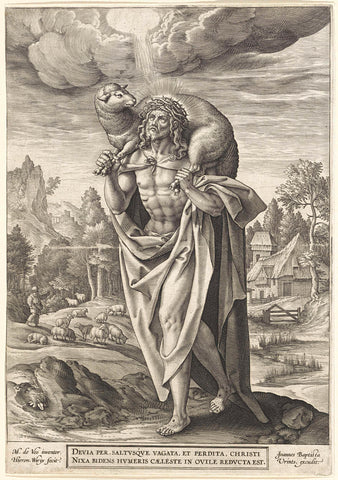 Christus als Goede Herder, Hieronymus Wierix, 1563 - before 1611 Canvas Print