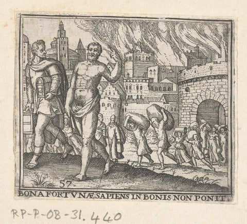 Group of people fleeing the burning city, Theodor de Bry, 1596 Canvas Print