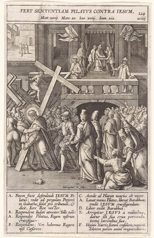 Bearing the Cross and Pilate washes his hands in innocence, Hieronymus Wierix, 1593 Canvas Print