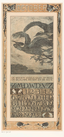 Calendar sheet October with flying herons, Theo van Hoytema, 1906 Canvas Print