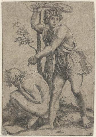 Crouching naked man beaten by man with foxtail, Marcantonio Raimondi, 1510 - 1527 Canvas Print