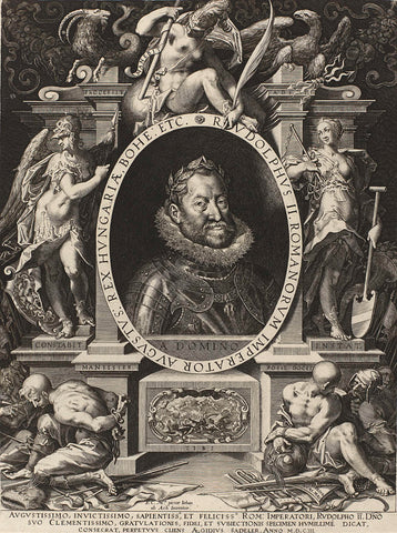 Portrait of Emperor Rudolf II in frame with allegorical figures, Aegidius Sadeler, 1603 Canvas Print