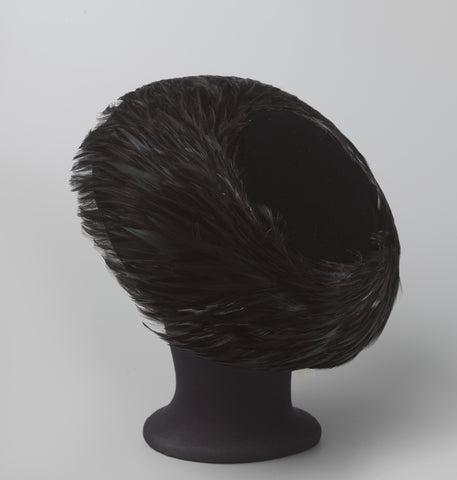 Flat hat of black velvet with black, iridescent roosters(?) feathers, Elysee Modes, c. 1950 - c. 1959 Canvas Print