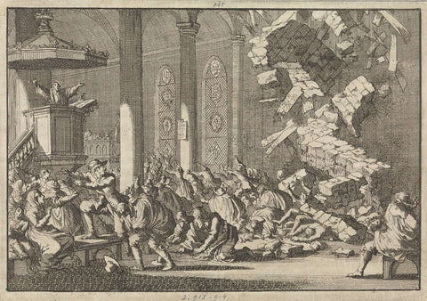 During the sermon, part of the church of Gardelegen collapses and crushes many people, 1658, Jan Luyken, 1698 Canvas Print