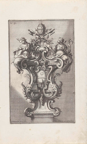 Ornament with the personifications of Faith and Love and the coat of arms of Pope Clemens XI, Maximilian Joseph Limpach, 1714 Canvas Print