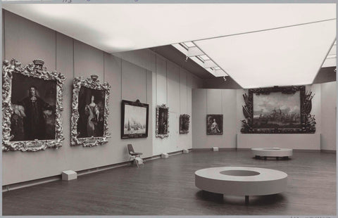 Room with various paintings and various frames and benches for visitors, c. 1984 Canvas Print