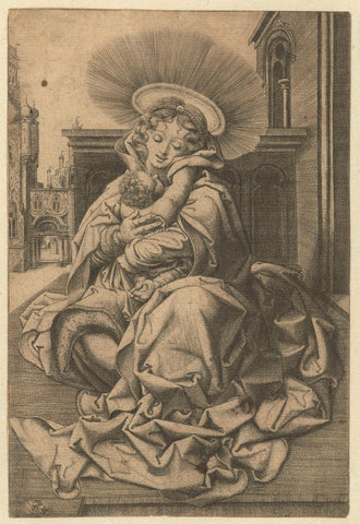 Madonna and child in a court, Frans Crabbe van Espleghem, 1520 - 1530 Canvas Print