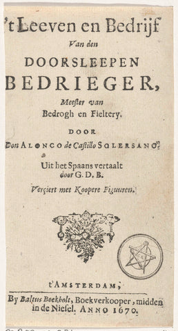 Titelpagina voor: A. de Castillo Solórzano, 't Leeven en bedrijf van den doorsleepen bedrieger, 1670, Baltes Boekholt, 1670 Canvas Print