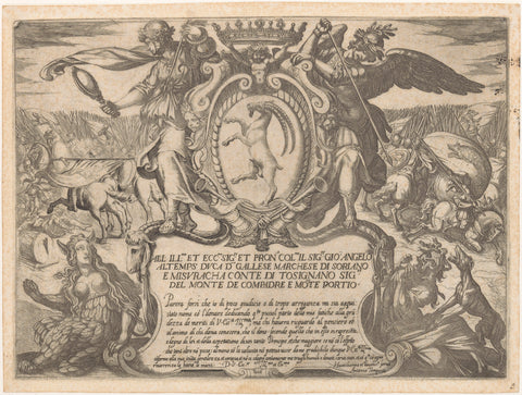 Title print with a coat of arms with goat, flanked by Fraud and Envy, Antonio Tempesta, 1601 Canvas Print