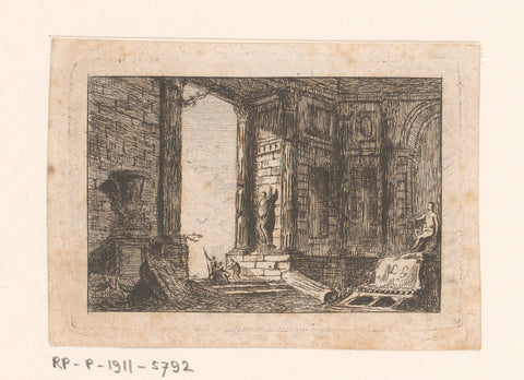 Interior of a temple with three people on a staircase, Sauveur Legros, 1764 - 1834 Canvas Print