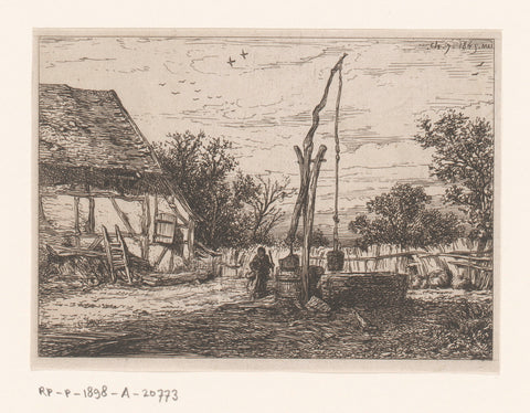 Farmhouse with a Woman at a Well, Charles Emile Jacque, 1845 Canvas Print