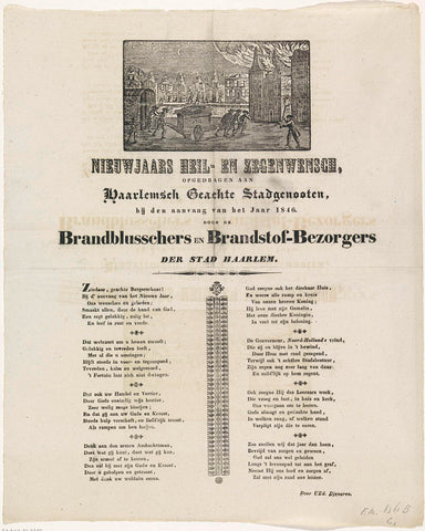 New Year's wish of the fire extinguishers and fuel deliverers of Haarlem for the year 1846, anonymous, 1845 - 1846 Canvas Print