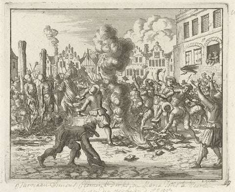 Books by the burnt Jurriaan Simonsz. are in Haarlem by the people loot, 1557, Jan Luyken, 1685 Canvas Print