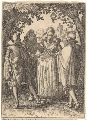 Vrouw en drie mannen, Claes Jansz. Visscher (II), 1608 - 1610 Canvas Print