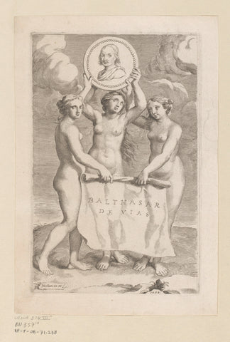 Three Graces with a medallion with the portrait of Balthazar de Vias, Claude Mellan, 1660 Canvas Print