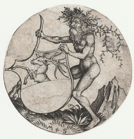 Coat of arms with a deer, held by a wild man with a club, Martin Schongauer, 1470 - 1490 Canvas Print