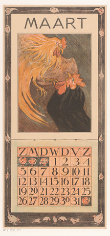 Calendar sheet march with two cocks, Theo van Hoytema, 1904 Canvas Print
