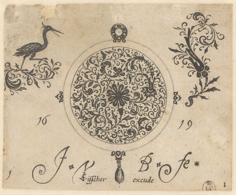 Black ornament with dense, fine leaf vines, a flower and a bird, Monogrammist JvB, 1619 Canvas Print