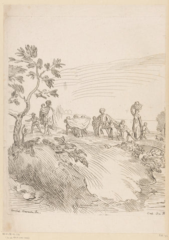 Procession in a landscape with a bridge (left part), Anne Claude Philippe Caylus, 1702 - 1765 Canvas Print