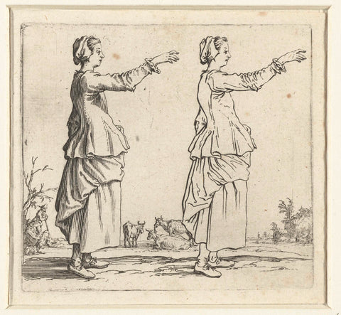 Twice the same farmer's ins with raised arm, seen on the right, Jacques Callot, 1621 - 1624 Canvas Print