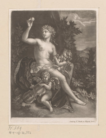 Venus with an apple and two cupids with violin and pigeons, John Smith (printmaker/ publisher), 1662 - 1742 Canvas Print