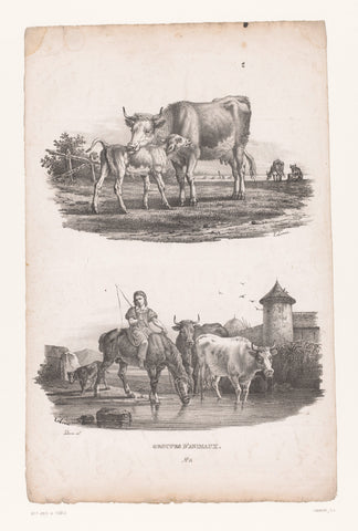 Cow with calf and shepherd boy with cows on horseback, Joseph Louis Leborne, 1828 - 1829 Canvas Print