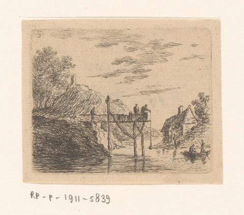 Landscape with persons on a bridge and two people in a boat, Sauveur Legros, 1764 - 1834 Canvas Print