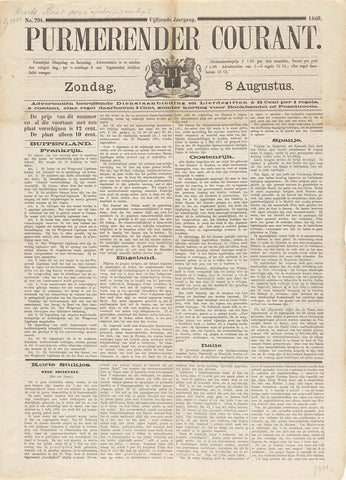 Purmerender Courant. Sunday, August 8th. No. 794. Fifteenth Year. 1869, Jan Schuitemaker, 1869 Canvas Print