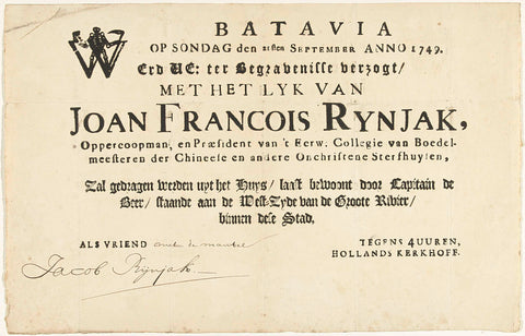 Invitation to the funeral of Joan Francois Rijnjak on September 21, 1749 at Batavia, anonymous, 1749 Canvas Print