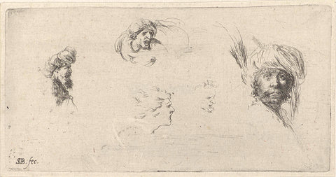 Three heads of men with a turban and two outlined faces, Stefano della Bella, 1620 - 1657 Canvas Print