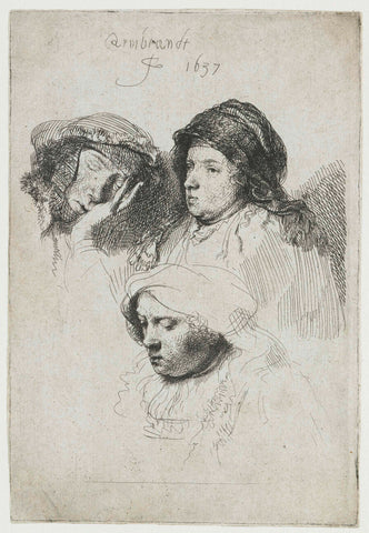 Three Heads of Women, One Asleep, Rembrandt van Rijn, 1637 Canvas Print