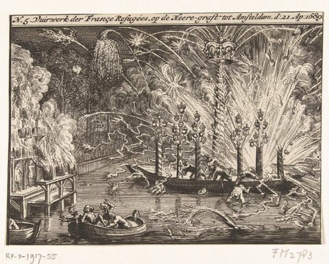 Fireworks of the French refugees on the Herengracht at the coronation of William III, 1689, Romeyn de Hooghe, 1689 Canvas Print