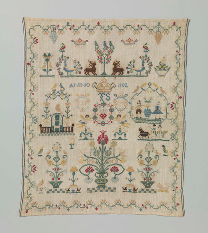 Sampler of linen canvas on which figures and flowers are embroidered in pots with silk in cross and double star stitch to ANNO 1802 and TS, anonymous, 1802 Canvas Print