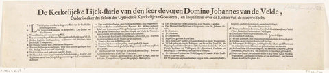 Text sheet accompanying the cartoon of the funeral of reverend Abraham van de Velde, 1677, anonymous, 1677 Canvas Print