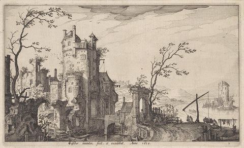 Ruinous city gate on the water, Claes Jansz. Visscher (II), 1612 Canvas Print