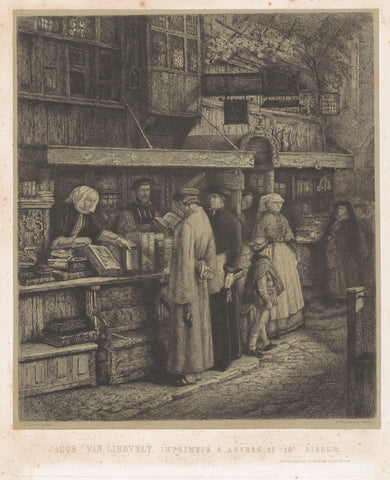 The bookshop of Jacob van Liesvelt, sixteenth century, Pierre Jean-Baptiste van Reeth, 1832 - 1866 Canvas Print