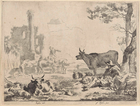 Landscape with shepherds and cattle at a watering place, Jan de Visscher, 1653 - 1706 Canvas Print