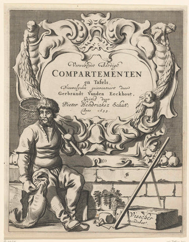 Cartouche with quabornament for which a fisherman sits, Pieter Hendricksz. Schut, 1655 Canvas Print