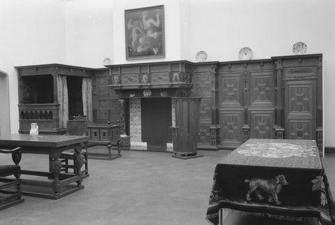 Room with tables, cot, fireplace and paneling, 1952 Canvas Print