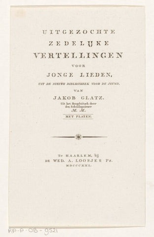 Title page for: Jakob Glatz, Uit select zedelijke vertellingen voor jonge lieden, 1821, anonymous, 1821 Canvas Print