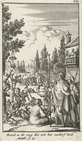 Pilgrims overlook a road with worldly temptations, Jan Luyken, 1683 Canvas Print